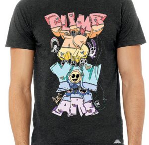 A t-shirt designed by a local artists features the text "Climb As You Are." The colorful t-shirt shows various cartoon animals and characters climbing on the letters as if they were climbing walls.